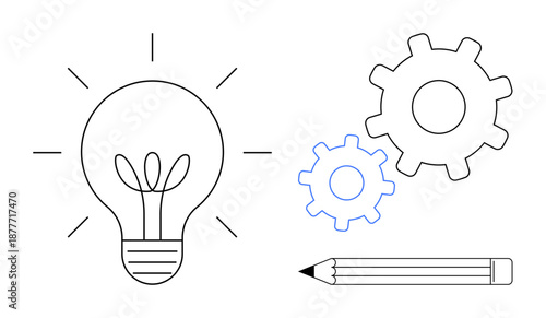 Idea generation, productivity, design thinking, innovation strategy, creative solutions, workflow improvement. Light bulb with sprouts, gears and pencil. Idea generation and productivity