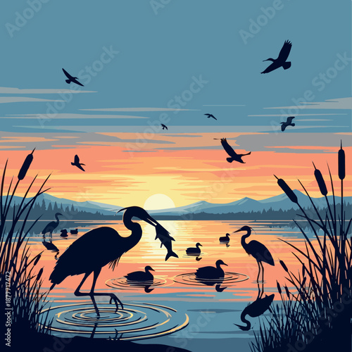 Nature landscape with birds silhouettes. Heron caught a fish on the lake. Vector art illustration