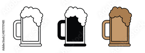 Beer Mug with Foam Icon Set in Line, Solid and Colorful Styles – Alcohol Drink, Pub, Brewery, Oktoberfest, Cheers and Beverage Symbols, Modern Flat Vector Icons Isolated on White Background.