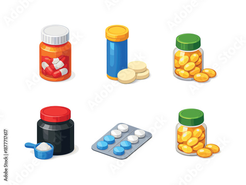 Vibrant Vitamin Icons. Vitamins and supplements. Isometric flat vector icons set of vitamins and supplements: pill bottle, vitamin capsules, effervescent