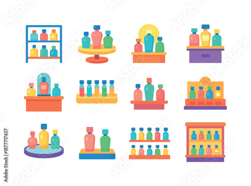 Perfume Display Icons. Perfume Display. Colorful flat vector icons set of Perfume Display: glass shelf stand, rotating display tray, lighted