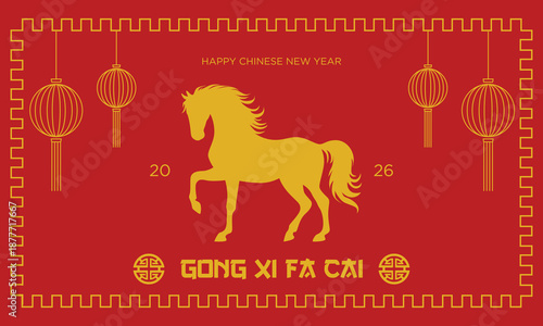 Golden Horse Chinese Zodiac 2026 Red Background Festive Banner