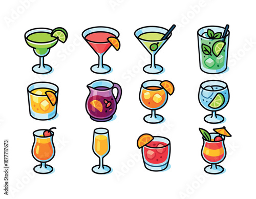 Colorful Cocktail Icons. Happy hour drinks. Colorful isometric vector icons set of Happy hour drinks: margarita glass, cosmopolitan, martini, mojito, whiskey