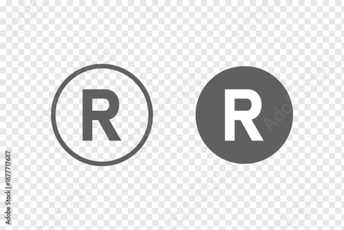 Registered trademark symbol r in circle. Intellectual property sign on transparent. Registered trademark icons set. Simple line vector illustration. Circled R symbol. Round icons with black color.