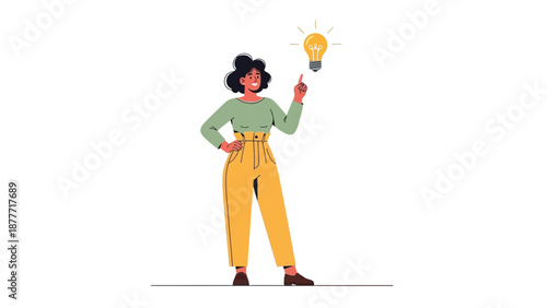 Woman pointing upwards toward a bright shining light bulb symbolizing a new great idea