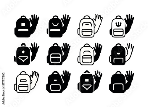 Goodbye School Icons. Waving goodbye on the last day of school. Icon set. Set Logo of waving goodbye on the last day of school: backpack swing gesture.