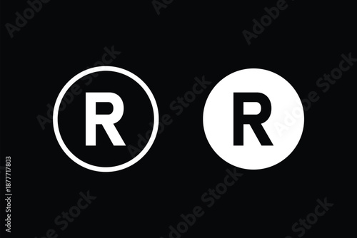 Registered trademark symbol r in circle. Intellectual property sign on transparent. Registered trademark icons set. Simple line vector illustration. Circled R symbol. Round icons with black color.