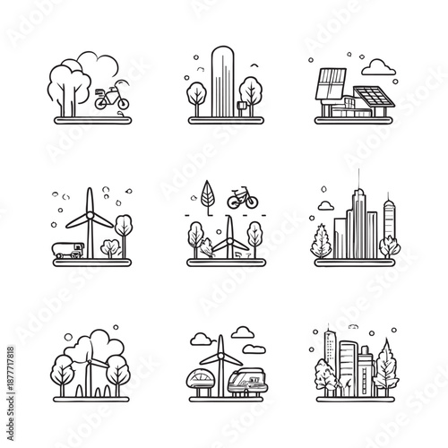Eco City And Nature Icons Clipart Set For Sustainable Living And Urban Projects