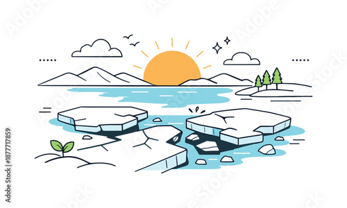 Ice Thawing Calmly. End of freeze concept. A minimal editorial landscape with ice breaking apart under soft sunlight, suggesting warming temperatures and