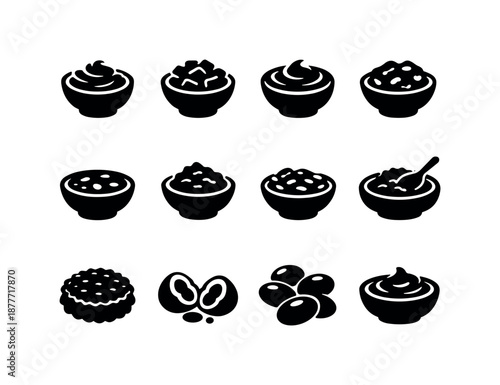 Bean Texture Icons. Bean textures. Solid icon set of Bean textures: creamy texture, chunky texture, smooth puree, thick stew, broth-like soup, mashed beans,