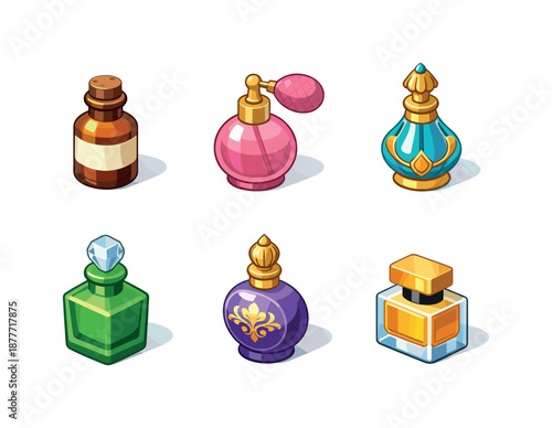 Vintage Perfume Icons. Vintage Perfume. Isometric flat vector icons set of Vintage Perfume: apothecary bottle, bulb atomizer bottle, ornate glass bottle,