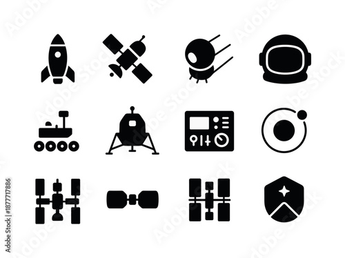 Space Exploration Icons. Space exploration. Solid icon set of space exploration: rocket, satellite, space probe, astronaut helmet, rover, lander, control