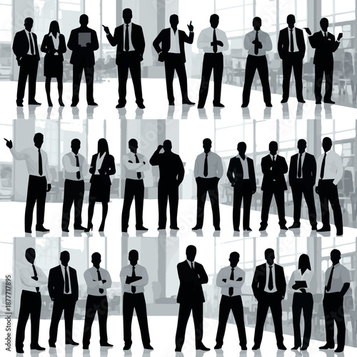Professional business team silhouettes set, diverse men and women in suits, confident poses, corporate staff, office environment, leadership, and success