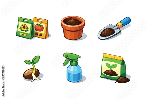 Isometric Seed Planting Icons. Seed planting. Isometric flat vector icons set of Seed planting: seed packets, planting pot, soil scoop, sprouting seed,