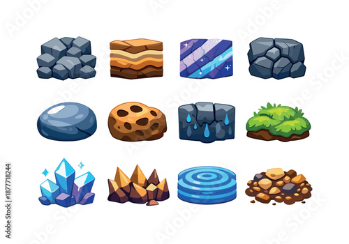 Colorful Cave Texture Icons. Cave textures. Colorful flat vector icons set of cave textures: rough stone patch, layered sediment, mineral stripe pattern,
