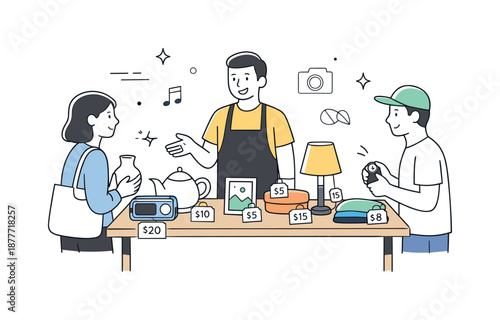 Flea Market Vendor. People at flea market vendor scene. Seller standing behind a table displaying goods with price tags. Local commerce and personal exchange.