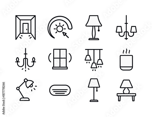 Mood Lighting Icons. Creating mood lighting with a dimmer. Line icon set of creating mood lighting with a dimmer: dim hallway glow, brightness ring dial,