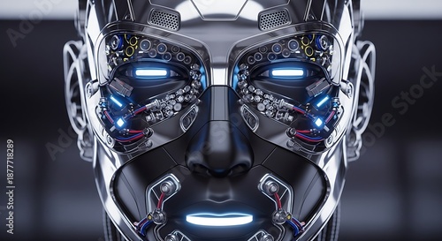 Futuristic Robot Face with Glowing Blue Eyes and Metallic Finish.