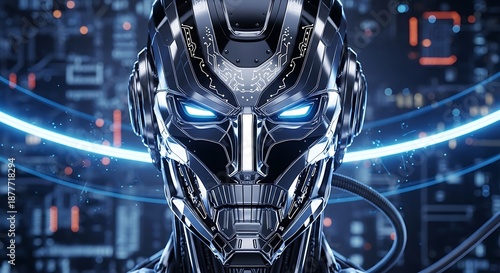 Futuristic Robot Face with Glowing Eyes and Intricate Details.