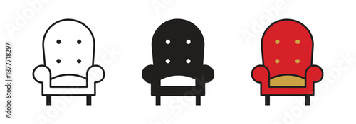Royal Throne Different Style Icon Set in Line Outline and Solid Filled Colorful Design – Vector Throne Chair Symbols for King, Queen, Monarchy, Palace, Power, Luxury and Fantasy UI UX Design.
