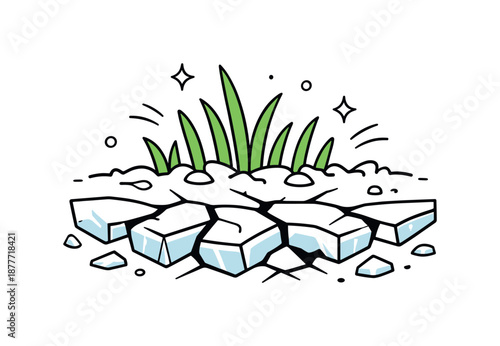 Emerging Grass Hope. Frozen ground to grass illustration. Cracked frozen soil softening as fresh grass blades emerge through it. The mood is hopeful, natural,