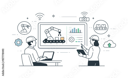 Industry . Automation. Industry . automation concept. Engineers monitoring automated machines on a digital dashboard. Calm control and efficiency, simple icons