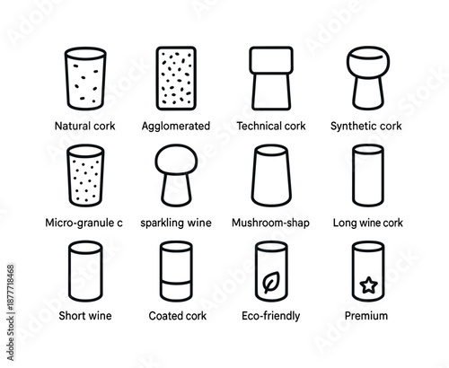 Cork Icon Set. Cork Types. Line icon set of Cork Types: natural cork, agglomerated cork, technical cork, synthetic cork, micro-granule cork, sparkling wine