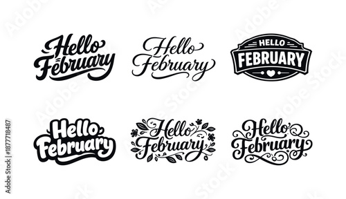 February Lettering Styles. Hello February. Set lettering. harmonious lettering variations of the same emblematic concept, each with different