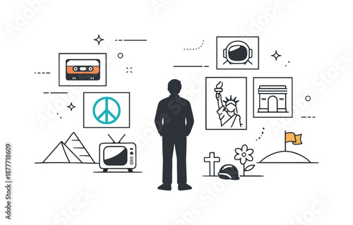 Reflective Silhouette Artistry. Remembering the Past. A single human silhouette looking at framed icons and abstract monuments around them. The scene expresses