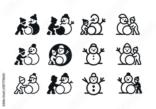 Snowman Contest Icons. Snowman-building contest and snow activities. Icon set. Set Logo of Snowman-building contest and snow activities: carrot nose.