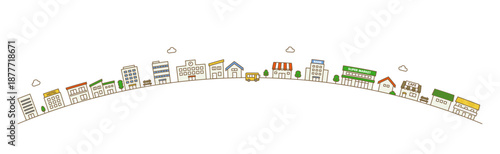 円弧に並ぶ街並みのイラスト素材｜丘の上の家と建物 ベクター素材
