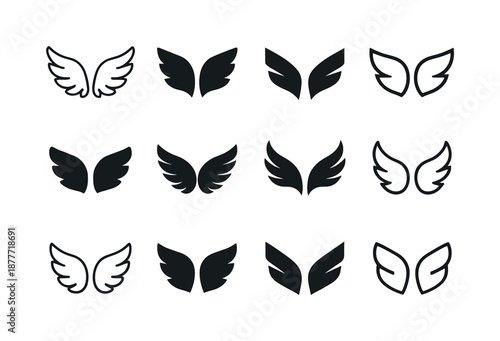 Angel Wings Logo Variations. Angel wings. Icon set. Set Logo of angel wings: feather cluster shape. harmonious logo variations of the same emblematic concept,