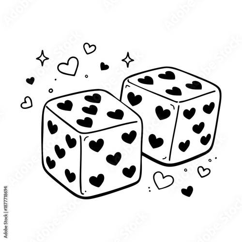 Two adorable dice covered in hearts surrounded by love sparkles. Black and white vector illustartion