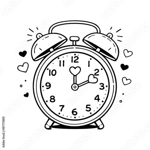 Romantic alarm clock drawing surrounded by hearts. Black and white vector illustration