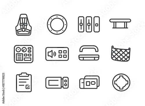 Space Capsule Icon Set. Space capsule interior. Line icon set of Space capsule interior: seat frame, harness straps, control switches, window port, footrest