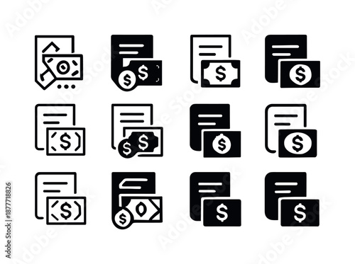 Cash Icon Set. Counting cash. Icon set. Set Logo of counting cash: cash receipt with notes. harmonious logo variations of the same emblematic concept, each
