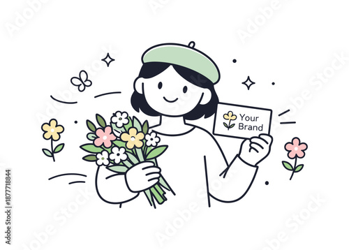 Spring Branding Illustration. Soft spring branding. Simple character holding a bouquet and a branded card, expressing freshness and renewal. Light floral