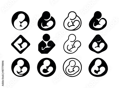 Baby Nursing Icons. Baby latching. Icon set. Set Logo of Baby latching: Safe nursing space icon: Negative space, Flat solid, Stylized detail, Minimal outline,