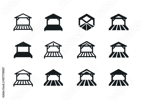 Wooden Deck Logo Variations. A wooden deck. Icon set. Set Logo of a wooden deck: outdoor deck pergola. harmonious logo variations of the same emblematic