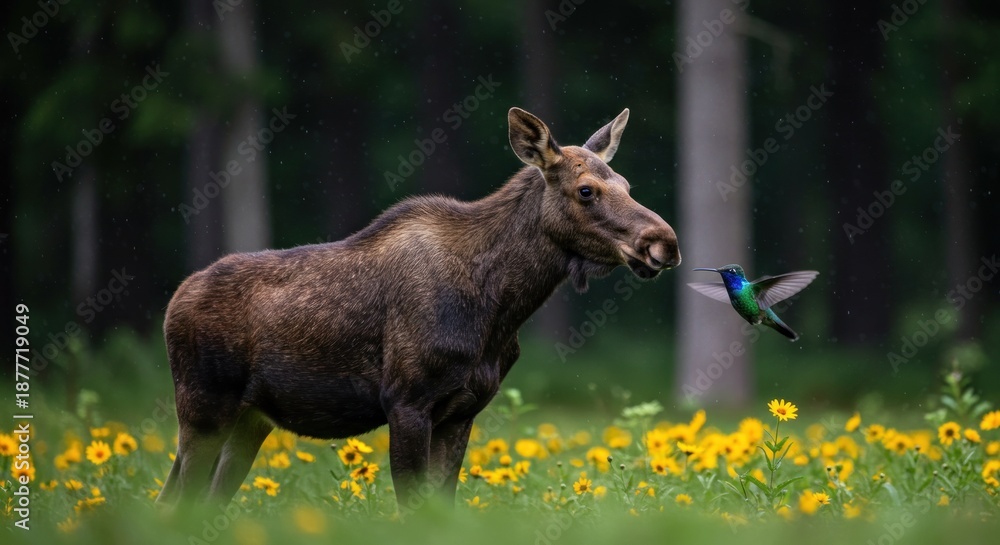 Fototapeta premium A moose standing in a field of yellow flowers with a hummingbird flying near its mouth