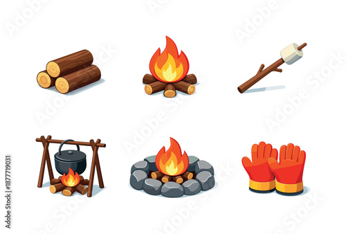 Campfire Icon Grid. Campfire. Isometric flat vector icons set of campfire: firewood stack, campfire flame, marshmallow stick, kettle over fire, fire pit