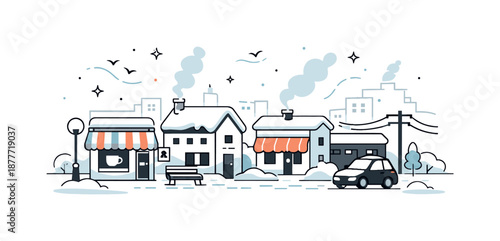 Snowy Urban Serenity. Snowy City Morning. A quiet urban street covered in fresh snow, with small buildings and soft smoke rising from rooftops. The scene shows