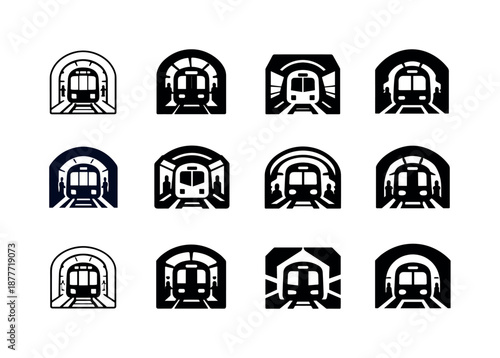 Subway Logo Variations. A subway train moving through underground tunnels, with passengers inside. Icon set. Set Logo of a subway train moving
