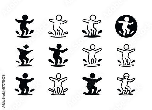 Puddle Jump Icons. Splashing in puddles. Icon set. Set Logo of splashing in puddles: jump splash silhouette. harmonious logo variations of the same emblematic
