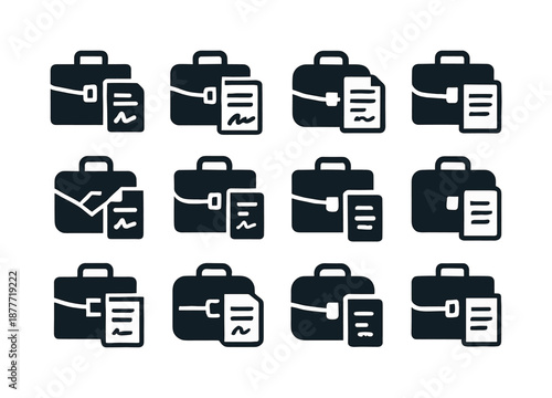 Job Contract Icons. Job contract. Icon set. Set Logo of Job contract: Briefcase contract symbol: Stylized detail, Iconic shape, Minimal outline, Flat solid,