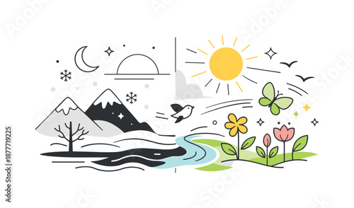 Winter to Spring Transition. Calm to spring flow. A balanced abstract composition showing winter calm transforming into gentle spring movement. The mood