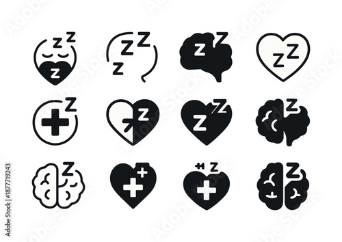 Sleep Science Icons. The science of sleep and its impact on health. Icon set. Set Logo of The science of sleep and its impact on health: Z-symbol pattern.