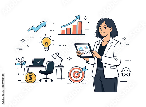 Empowering Businesswoman Illustration. Female entrepreneurship. Confident businesswoman reviewing charts on a tablet while standing next to a small startup