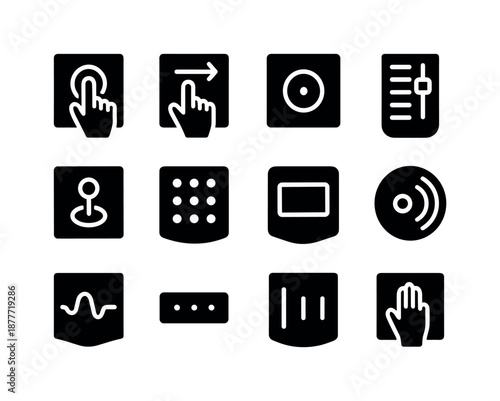 Smart Textile Icons. Smart textile interfaces. Solid icon set of smart textile interfaces: touch-sensitive fabric, swipe gesture panel, textile button, soft