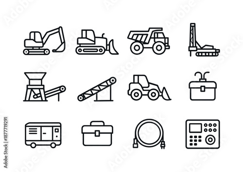 Mining Equipment Icons. Mining equipment. Line icon set of Mining equipment: excavator, bulldozer, haul truck, drill rig, crusher unit, conveyor belt, loader,